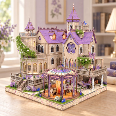 Whispering Dream Manor con torri viola, giostra e carrozza con unicorno
