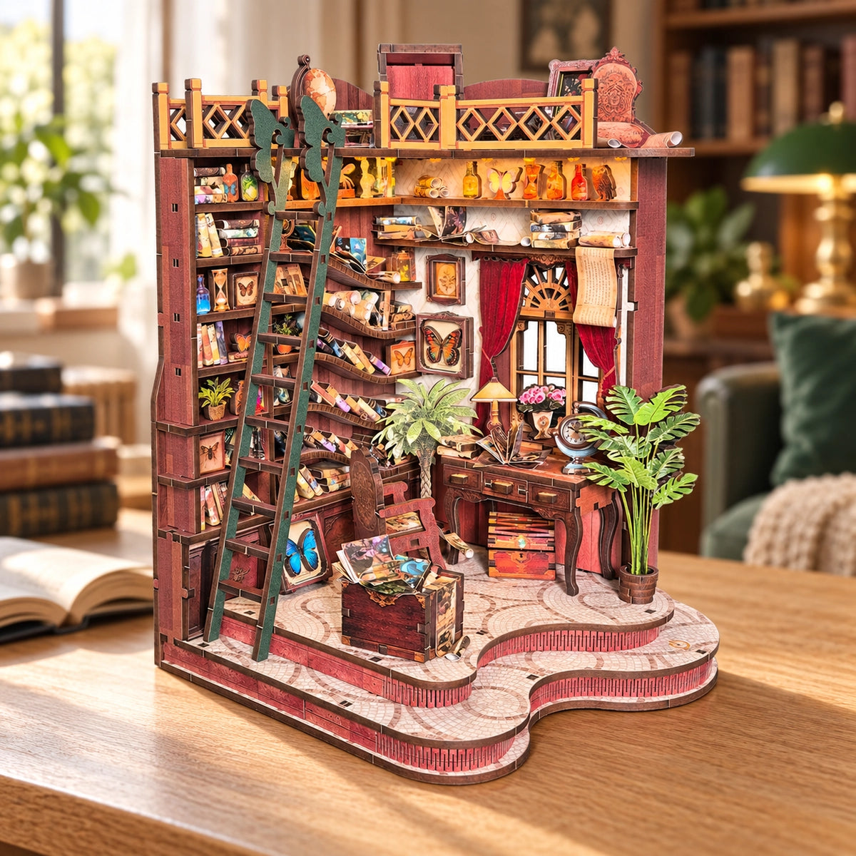 Winding Alley Library avec étagères courbes, échelle et bureau près de la fenêtre
