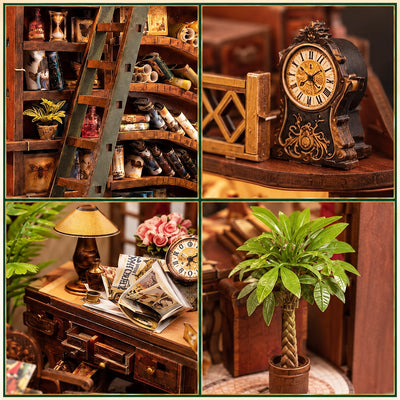 Quatre détails de la bibliothèque avec échelle, horloge décorative, bureau et plante