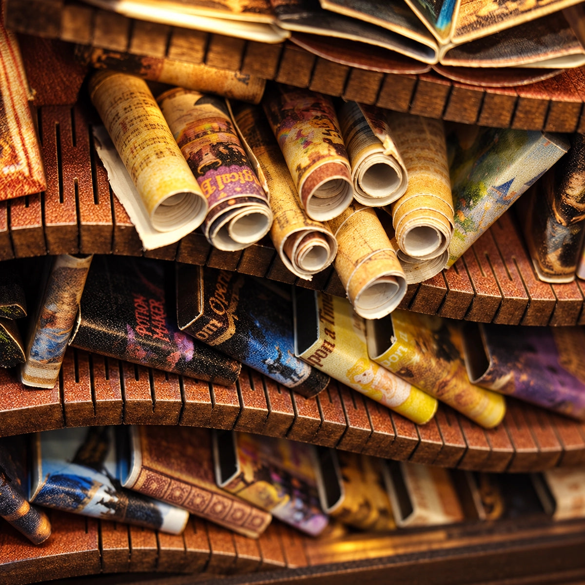 Parchemins et livres miniatures sur des étagères ondulées