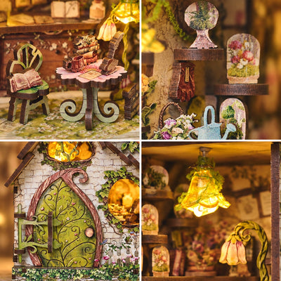 Detailcollage von Lesetisch, Pflanzenmotiven, Blatttür und Blumenlampe
