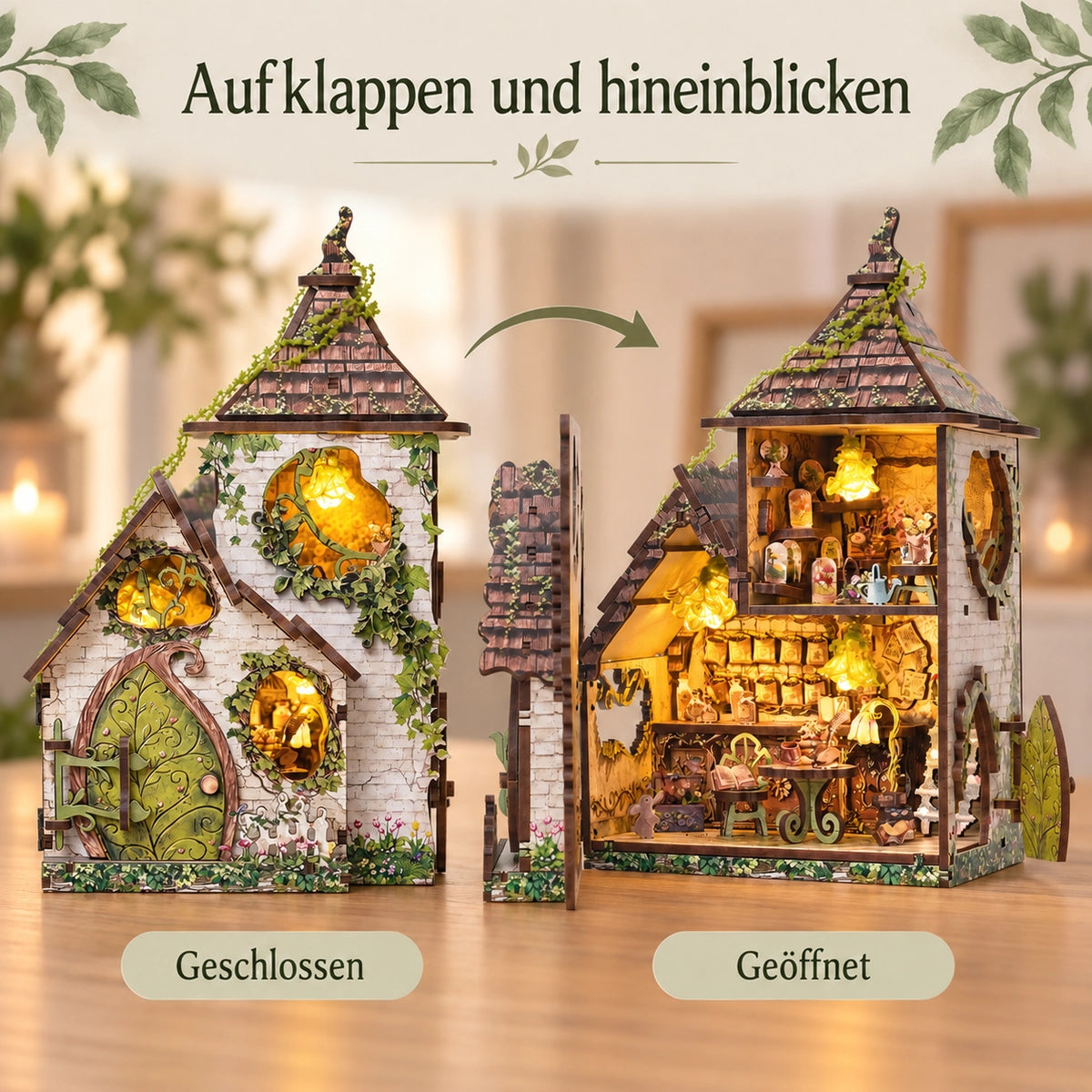 Vergleich der geschlossenen und geöffneten Fassade mit deutschen Beschriftungen