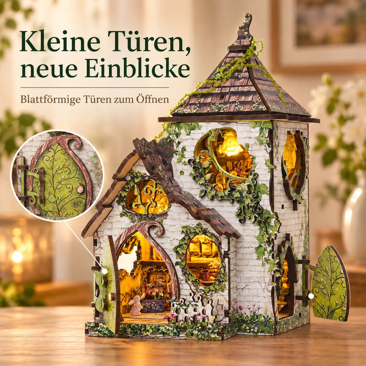 Produktbild mit Blatttüren und deutschem Hinweis zum Öffnen