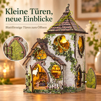 Produktbild mit Blatttüren und deutschem Hinweis zum Öffnen