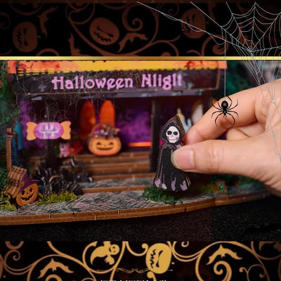 Detailansicht des Miniature House - Halloween Night mit präzise geschnittenen Holzteilen aus hochwertigem Material