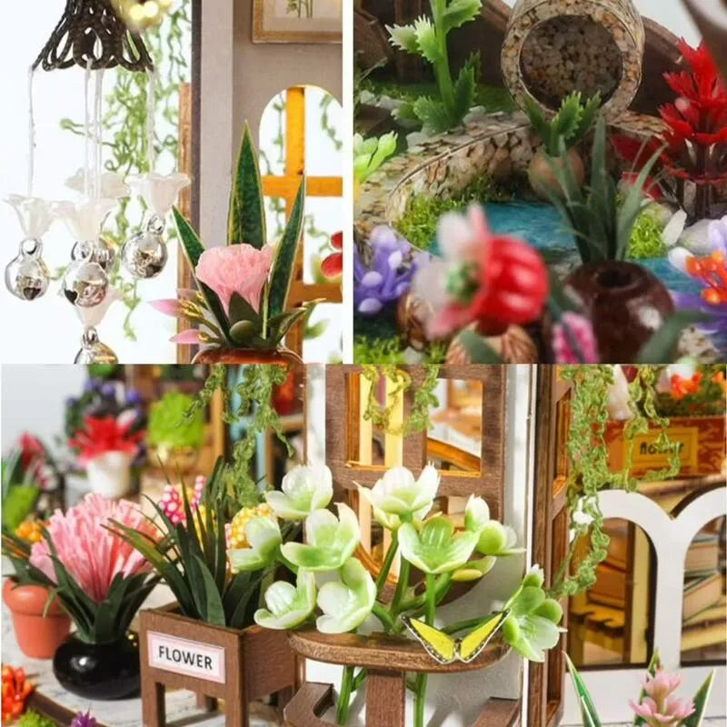 Collage di lampade, piccolo stagno e piante sui balconcini