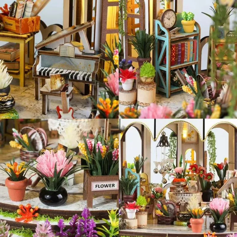Collage di pianoforte, libreria, fiori e zona centrale della serra