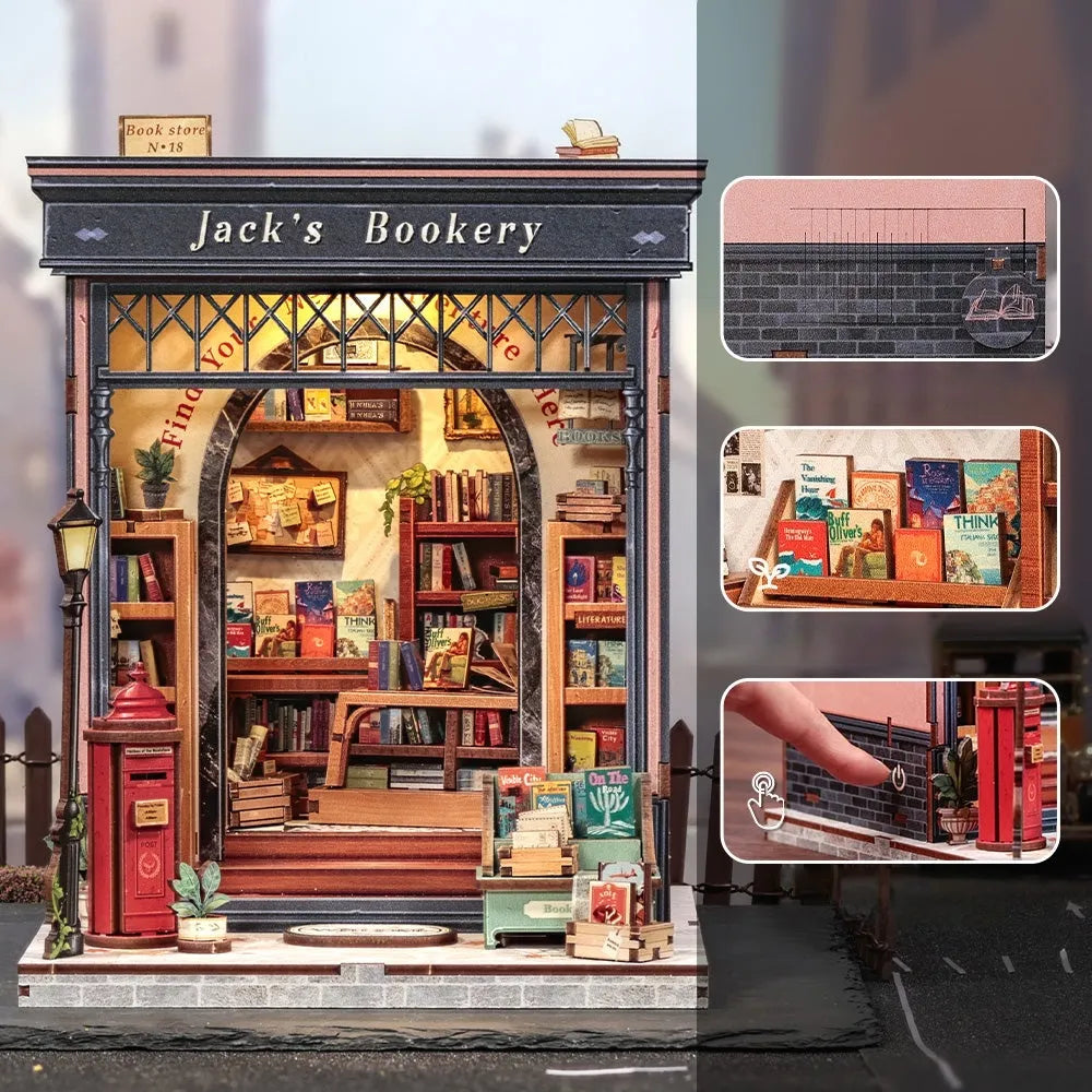 Nahaufnahme des Miniatur Haus Bausatz - Jack's Bookery mit reichhaltigen Details