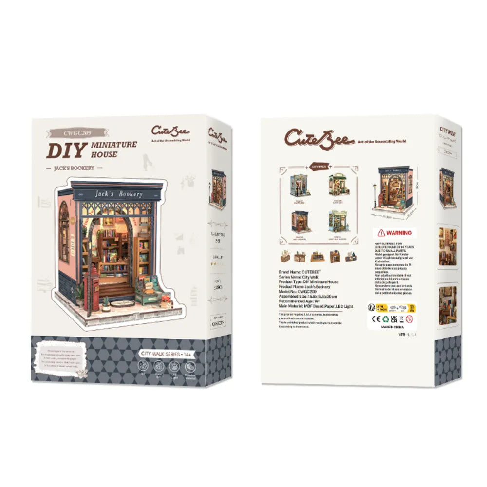 Miniatur Haus Bausatz - Jack's Bookery Gesamtansicht mit präzise geschnittenen Holzteilen und hochwertiger Verarbeitung