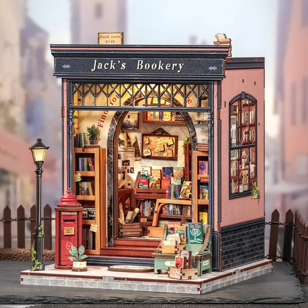 Seitliche Ansicht des Miniatur Haus Bausatz - Jack's Bookery mit gut sichtbaren Elementen