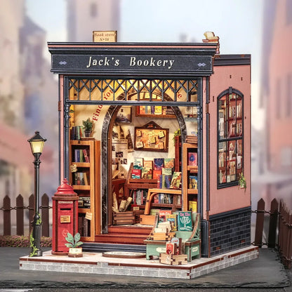 Seitliche Ansicht des Miniatur Haus Bausatz - Jack's Bookery mit gut sichtbaren Elementen