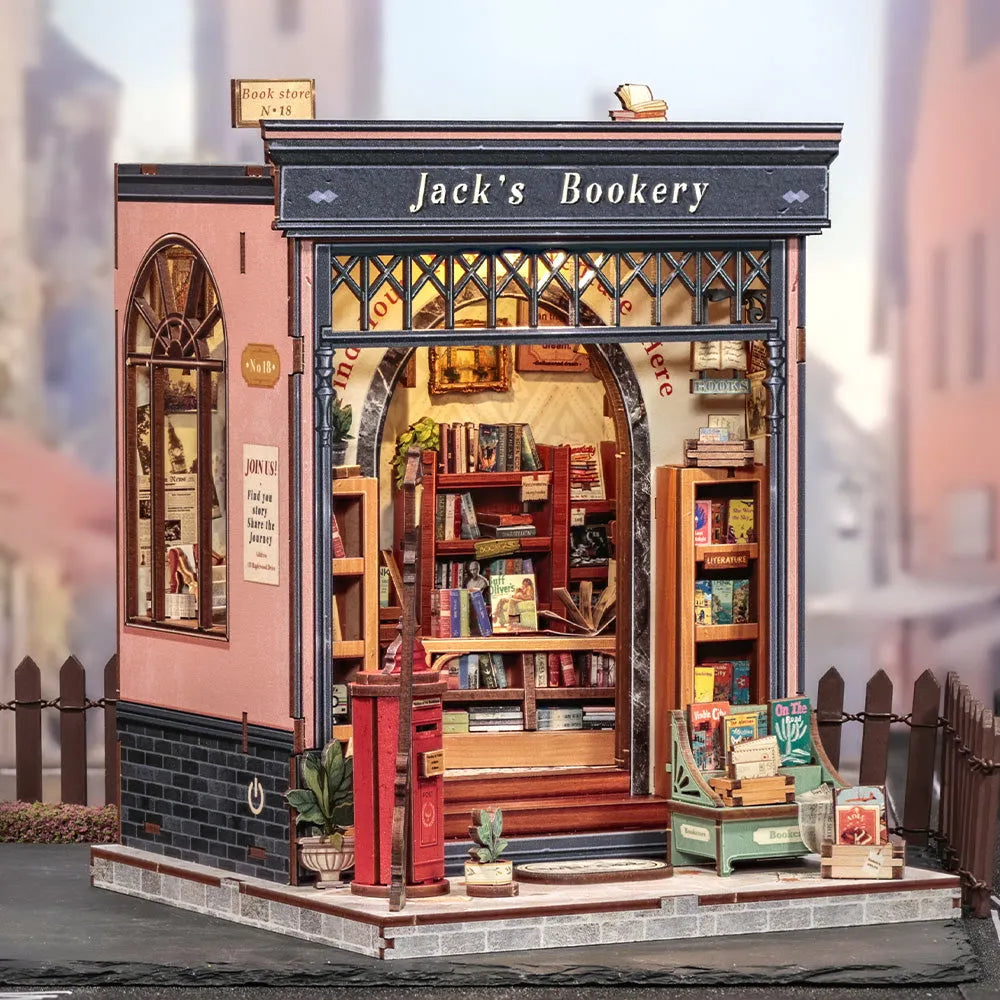 Seitliche Ansicht des Miniatur Haus Bausatz - Jack's Bookery mit gut sichtbaren Elementen