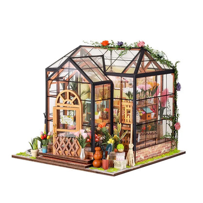 Miniature House - Jenny Greenhouse Gesamtansicht mit präzise geschnittenen Holzteilen und hochwertiger Verarbeitung