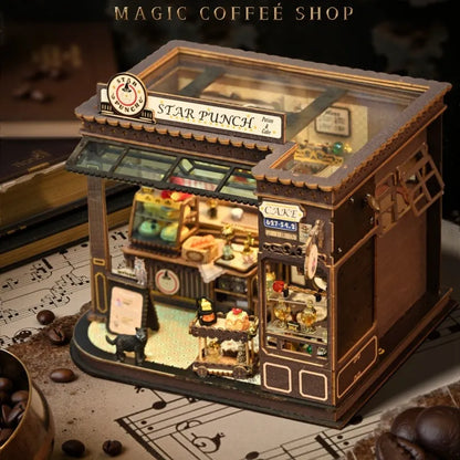 Obere Ansicht des Miniature House - Magic Coffee Shop mit detaillierten Mustern und Beleuchtung