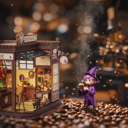 Nahaufnahme des Miniature House - Magic Coffee Shop mit reichhaltigen Details