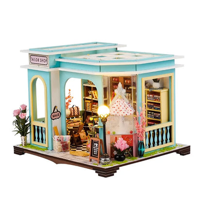 Miniature House - Tailor Shop Gesamtansicht mit präzise geschnittenen Holzteilen und hochwertiger Verarbeitung