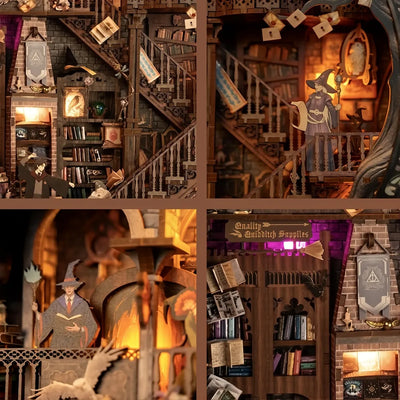 Interno della Magic Library con scale, ballatoi, figure e libri sospesi