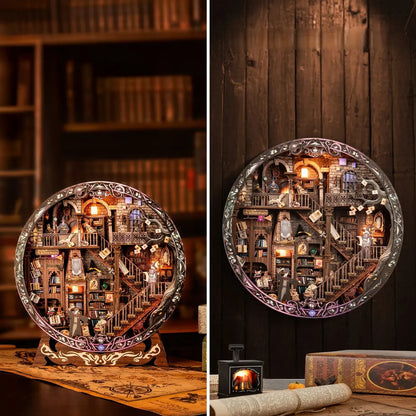 Rundes Diorama - Magic Library dekorativ auf einem Schreibtisch platziert