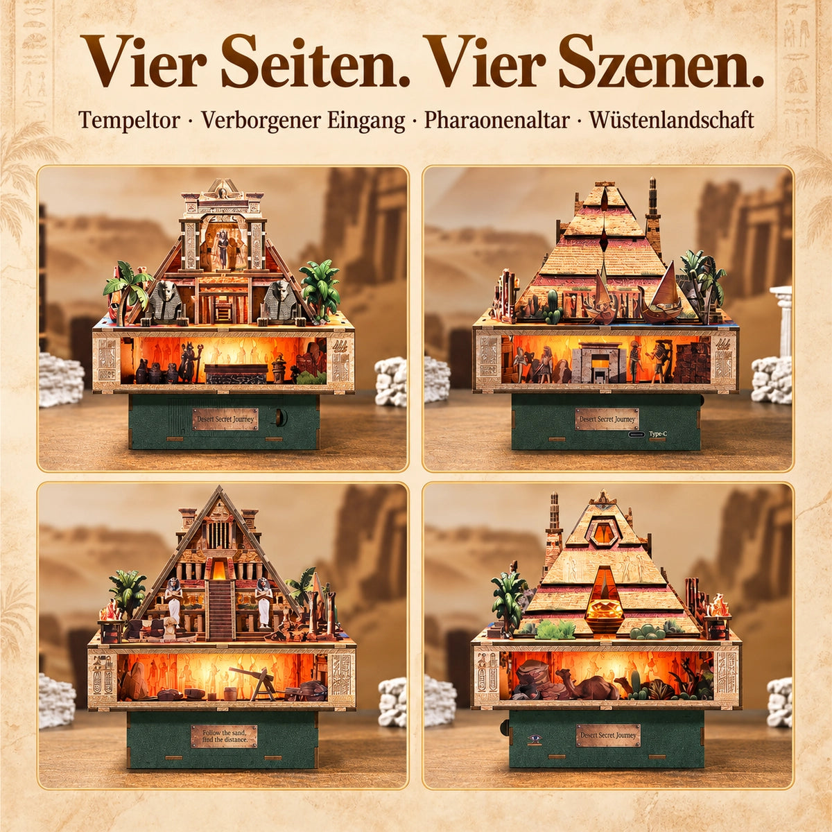 Vier Seiten der ägyptisch inspirierten Pyramidenkulisse