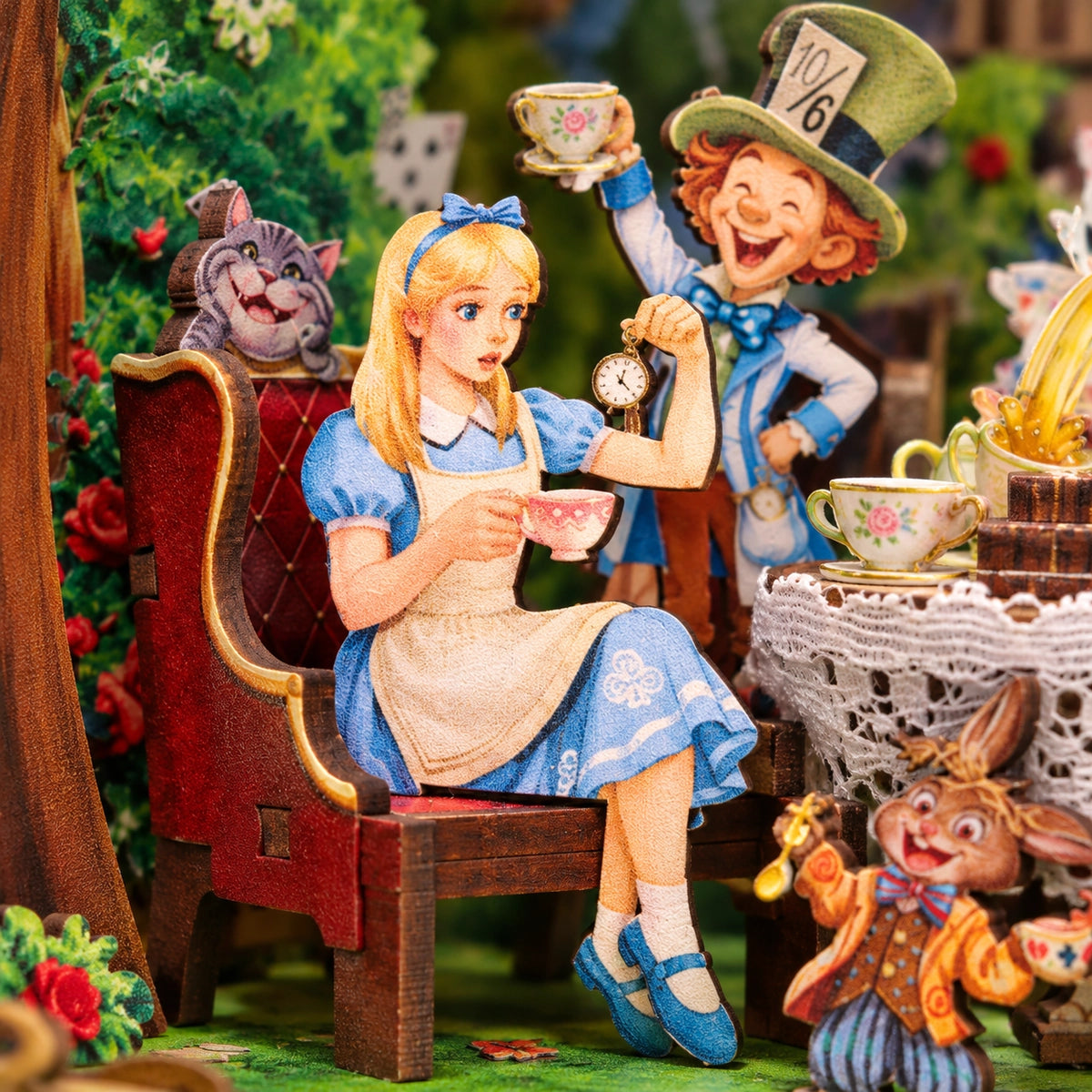 Alice avec sa tasse et le Chapelier à la table du thé