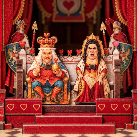 Herzkönigin und König auf der roten Thronbühne