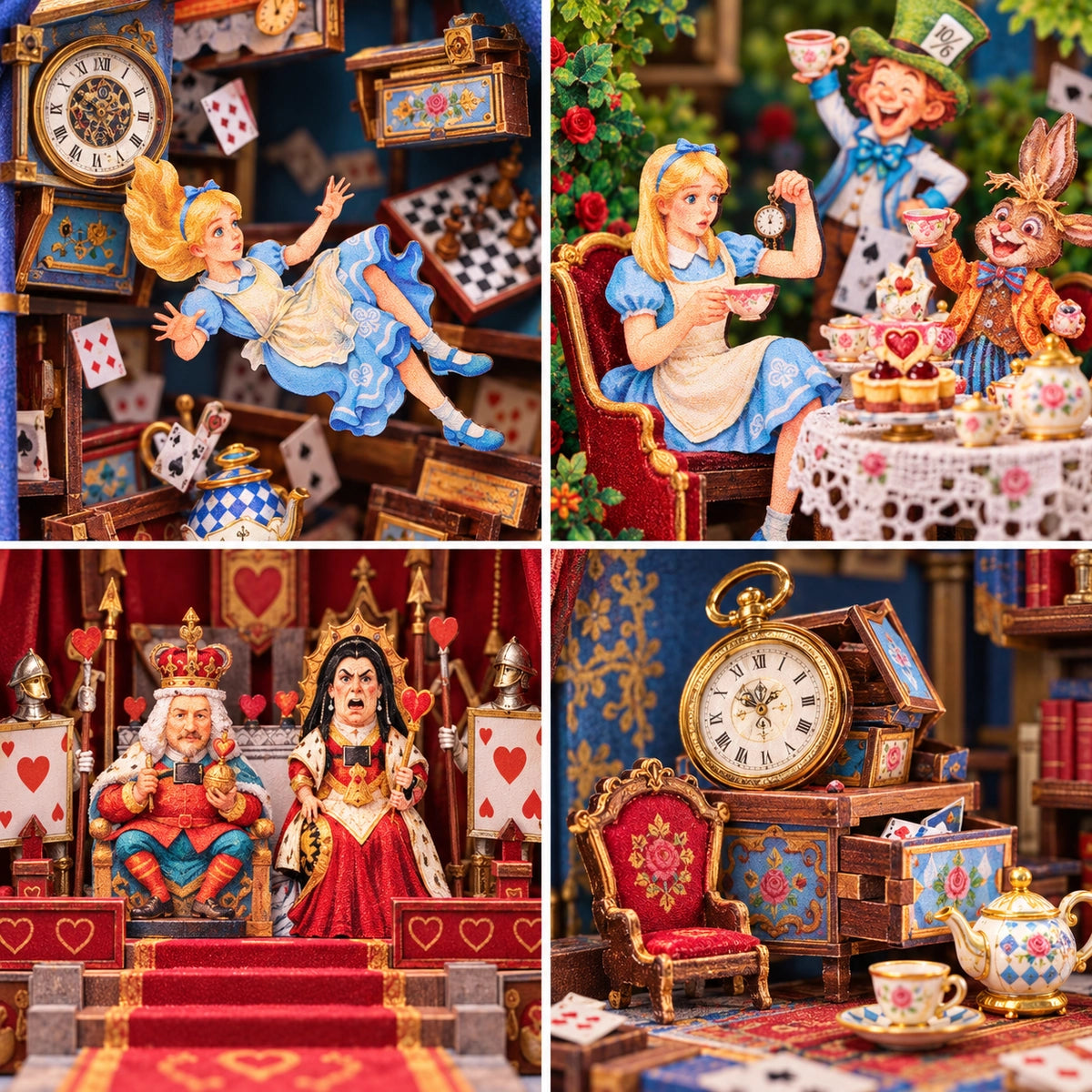 Quatre détails avec Alice, le thé et la Reine de Cœur