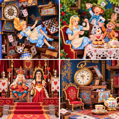 Quatre détails avec Alice, le thé et la Reine de Cœur