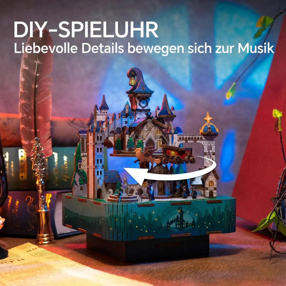 Magical Castle Holz-Spieluhr mit bewegter Kutsche vor der Zauberakademie