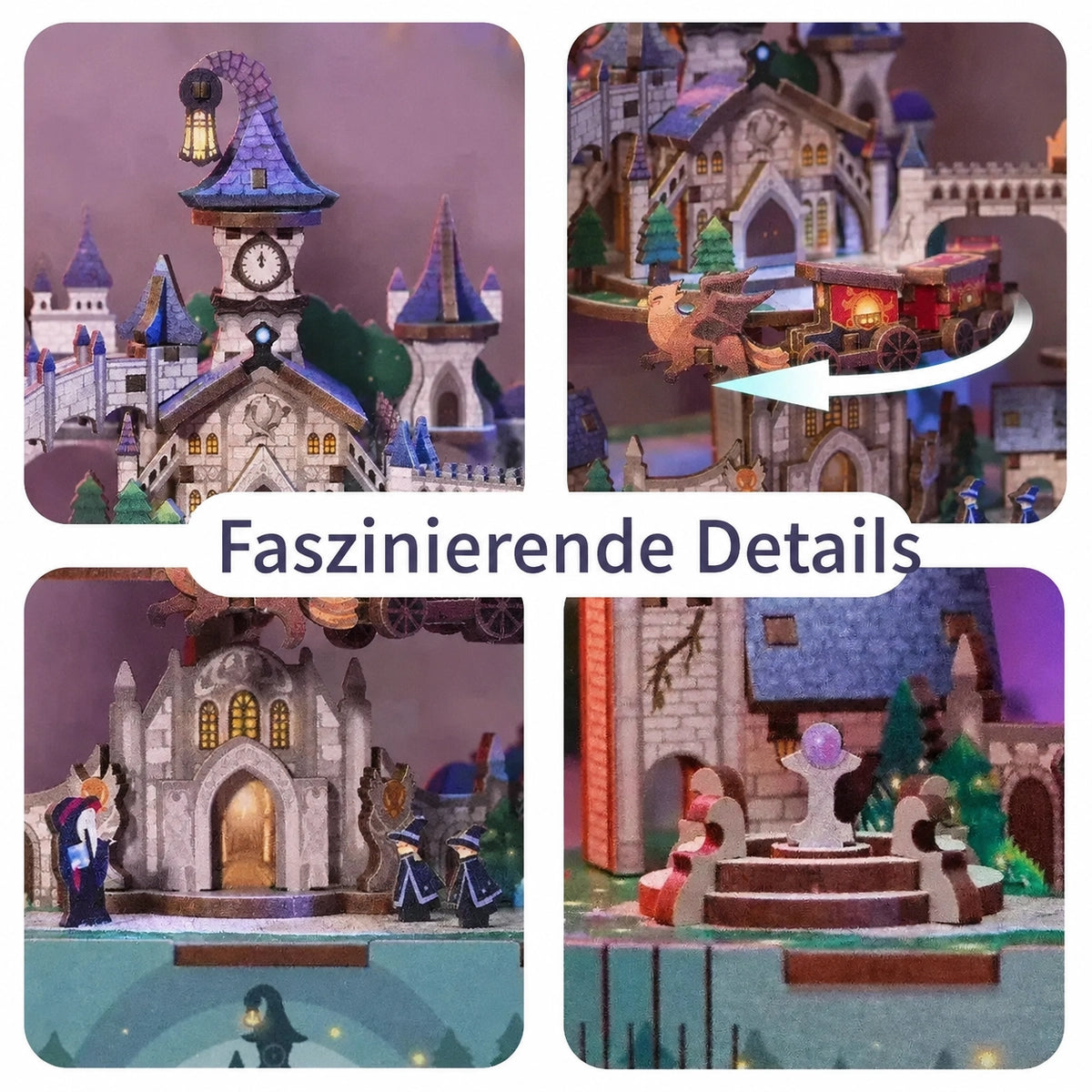 Details von Uhrturm, Kutsche, Hauptportal und magischem Brunnen
