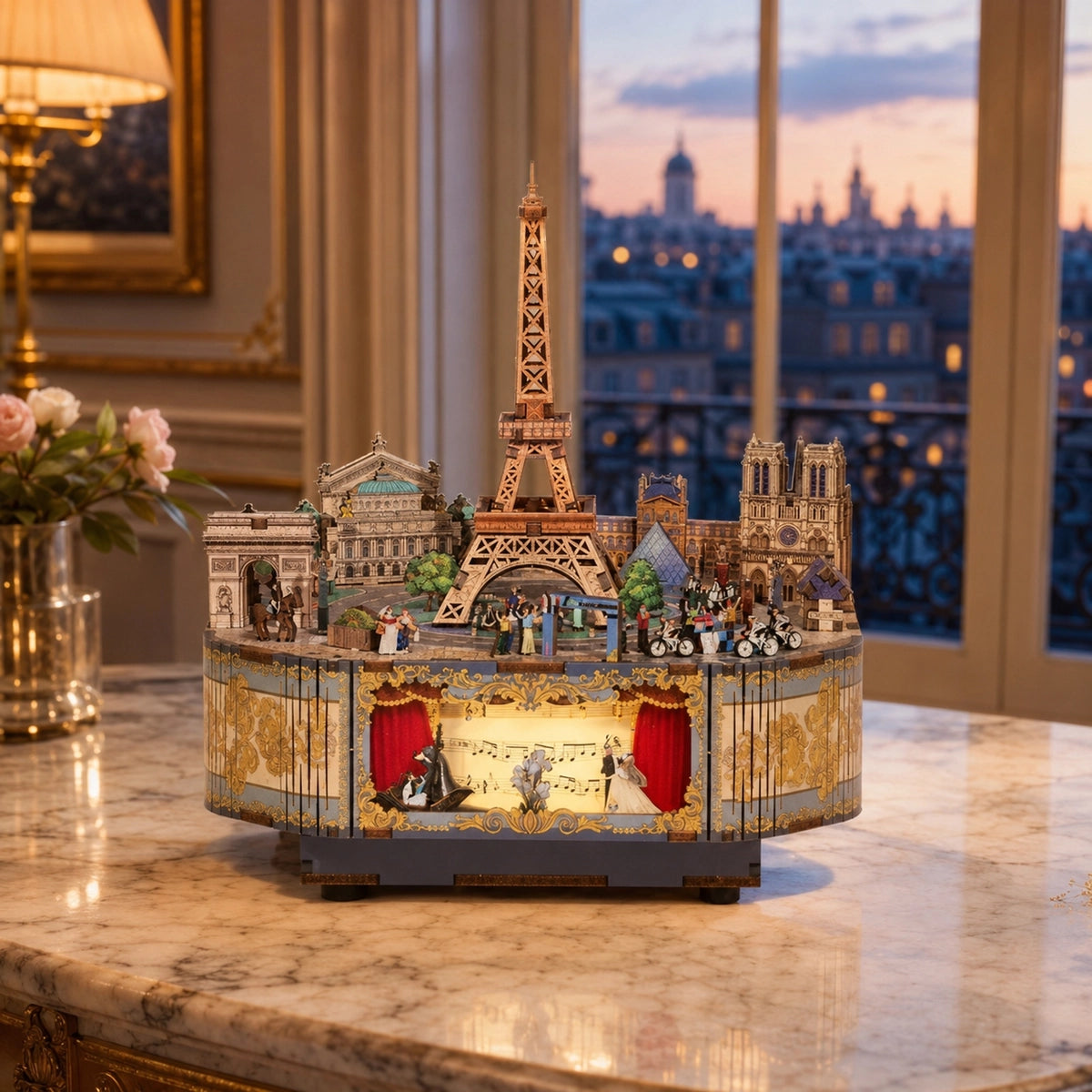 Romantic Paris Spieluhr aus Holz mit Eiffelturm und Pariser Wahrzeichen