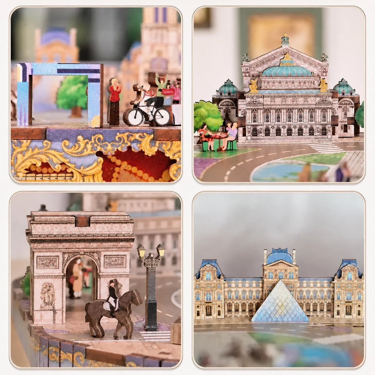 Details von Arc de Triomphe, Opéra Garnier und Louvre-Pyramide in Romantic Paris