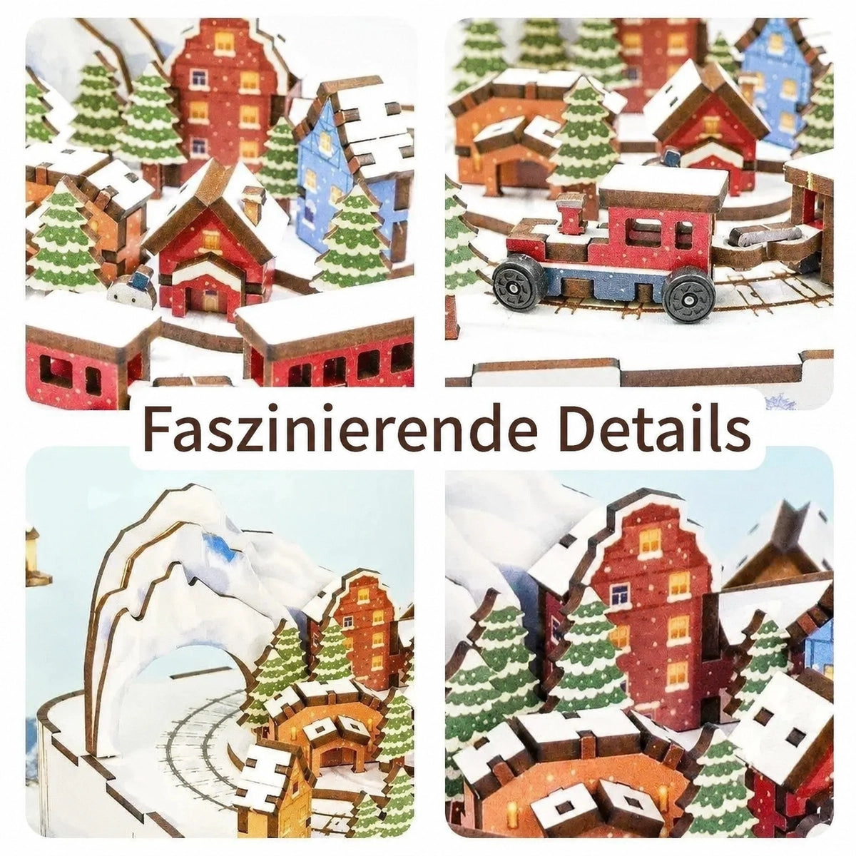 Dettagli di case, locomotiva, binari e montagne innevate