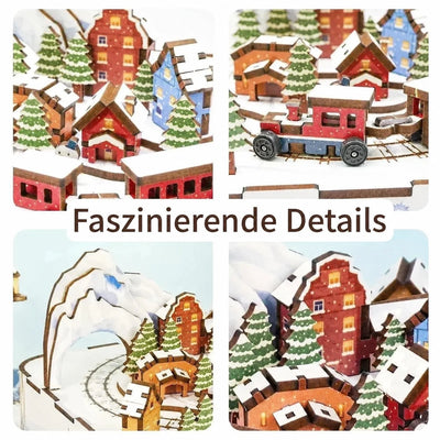 Dettagli di case, locomotiva, binari e montagne innevate