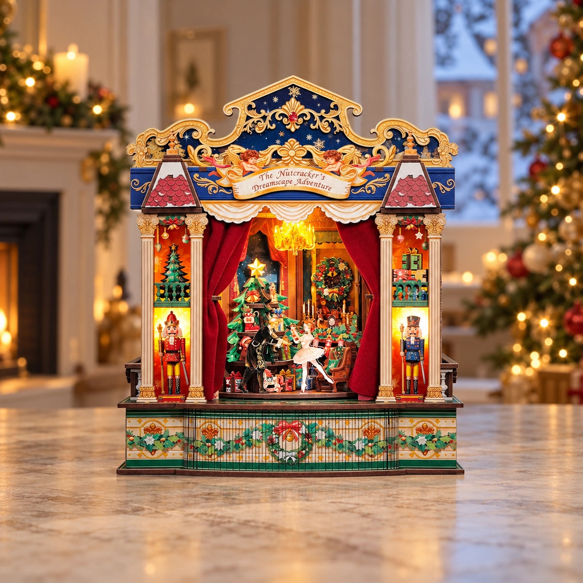 Nussknacker-Spieluhr mit Blick auf das Weihnachtszimmer