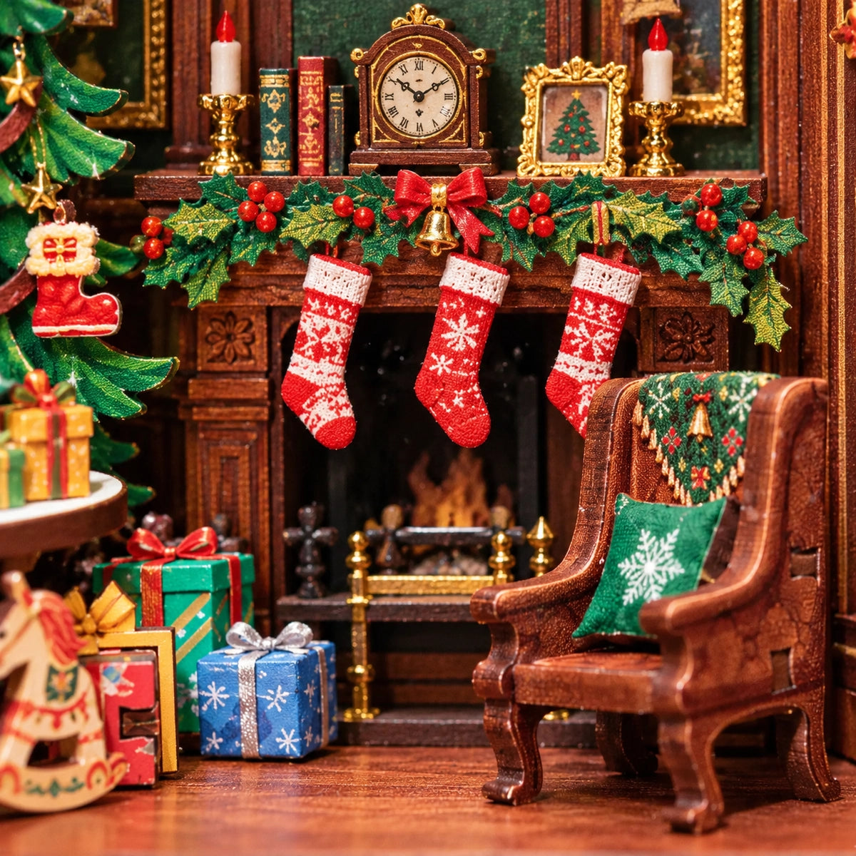 Miniaturkamin mit drei Weihnachtsstrümpfen und Sessel