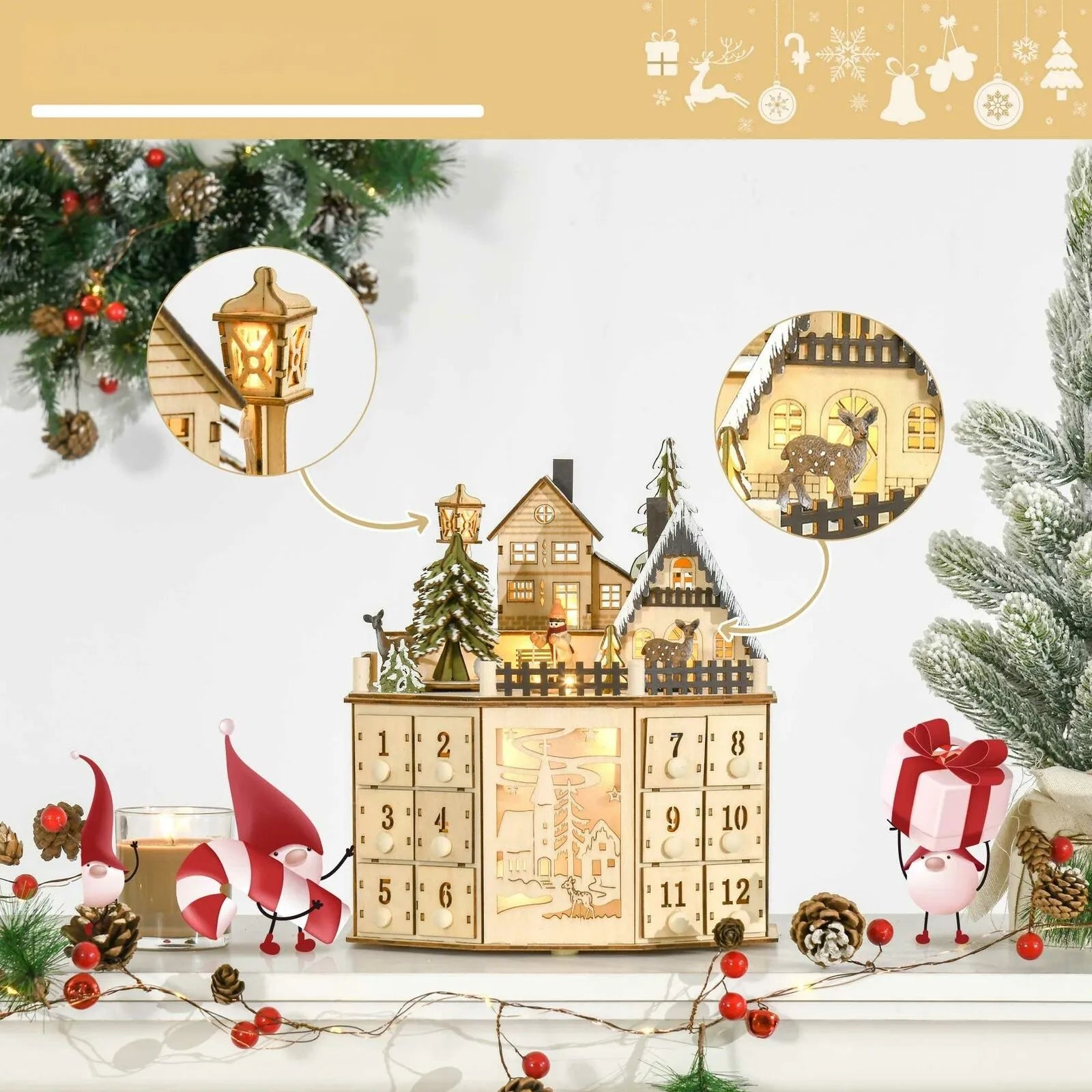 Nahaufnahme des Weihnachtsdorf Adventskalender mit reichhaltigen Details