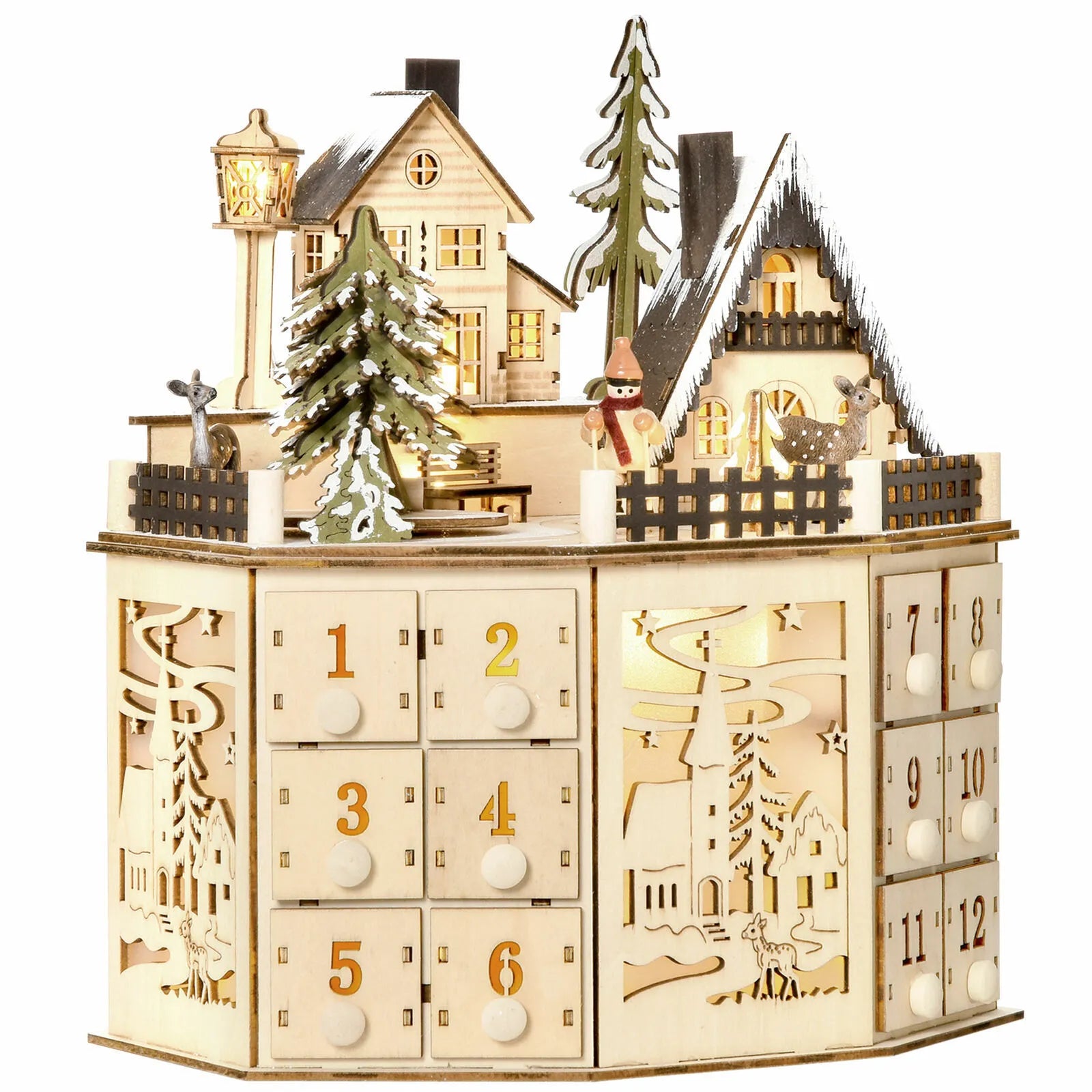 Weihnachtsdorf Adventskalender Gesamtansicht mit präzise geschnittenen Holzteilen und hochwertiger Verarbeitung