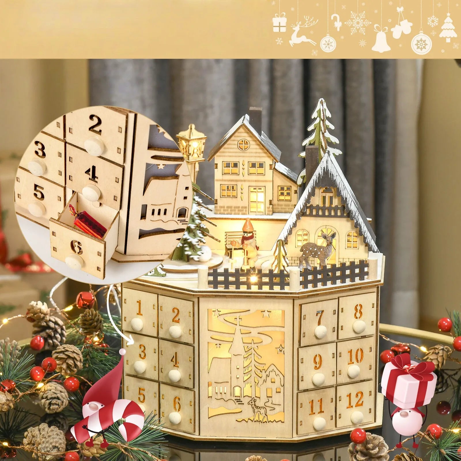Nahaufnahme des Weihnachtsdorf Adventskalender mit reichhaltigen Details