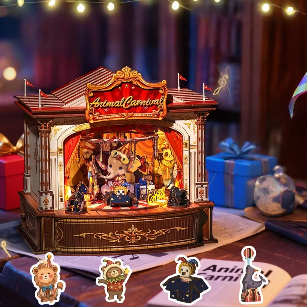 Nahaufnahme des Wooden Music Box - Animal Carnival mit reichhaltigen Details