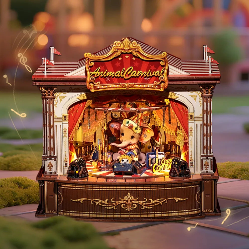 Wooden Music Box - Animal Carnival Gesamtansicht mit detaillierter Szenerie