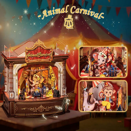 Nahaufnahme des Wooden Music Box - Animal Carnival mit reichhaltigen Details